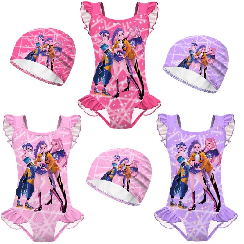 

Witch Hunter Squad Print Girls' One-Piece Swimsuit Set, New Style with Ruffled Lace Trim, Cute Swimwear for Pool & Beach Fun