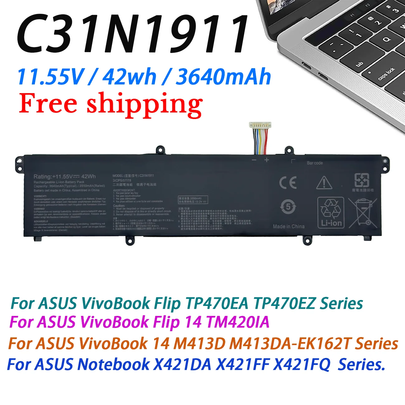 B31N1911 Battery For ASUS VivoBook Flip 14 TM420IA TP470EA M413DA M413DA-EK162T M413DA-EK007T X421DA X421EA TP470EZ  C31N1911