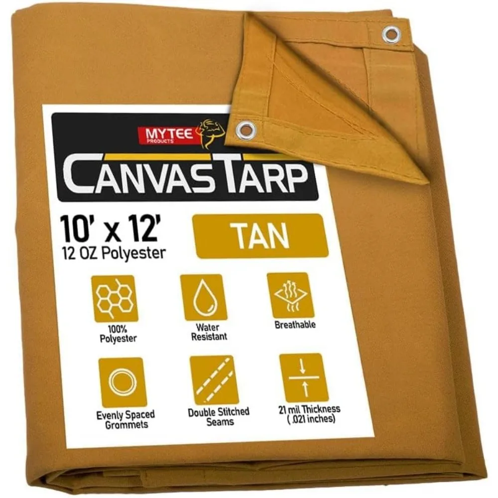 

10x12ft Heavy Duty Waterproof Canvas Tarp, 12oz Tan Polyester Material for Outdoor Protection