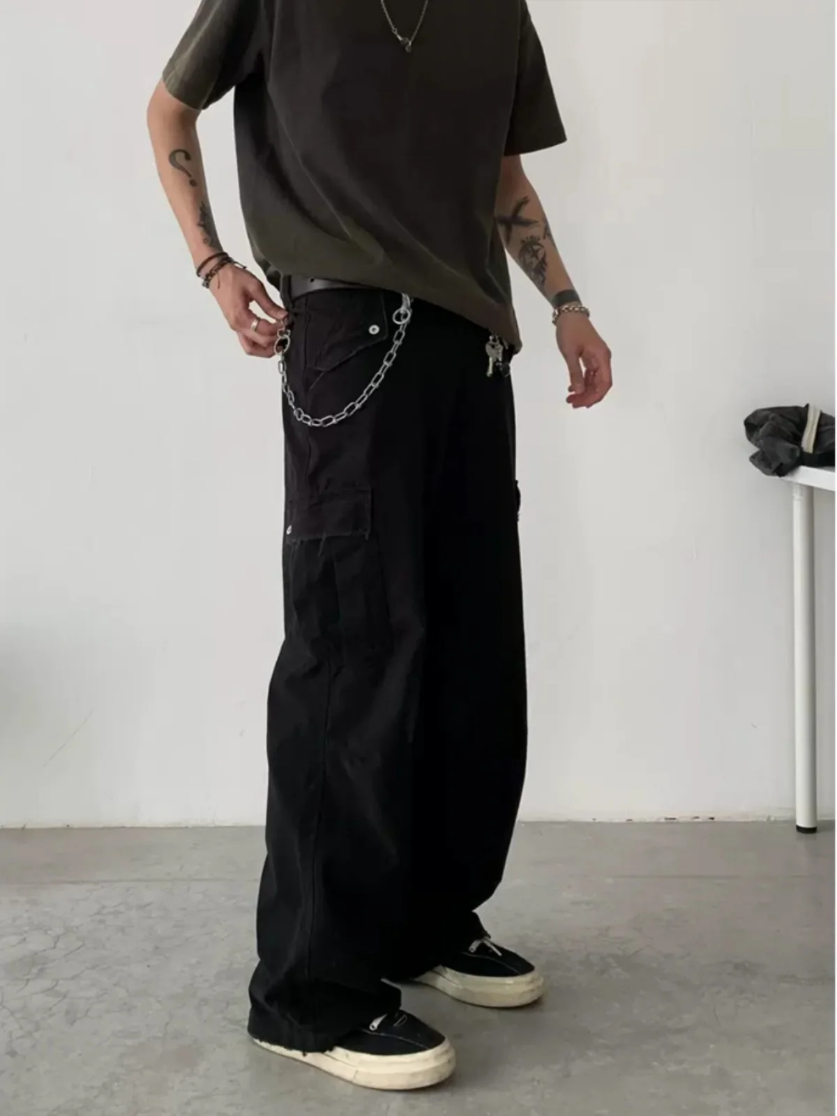 الرجعية الأمريكية Waed ضوء الكاكي خمر دمرت السراويل الساق المستقيمة مع كيتس ex عارضة ملابس العمل السراويل #4