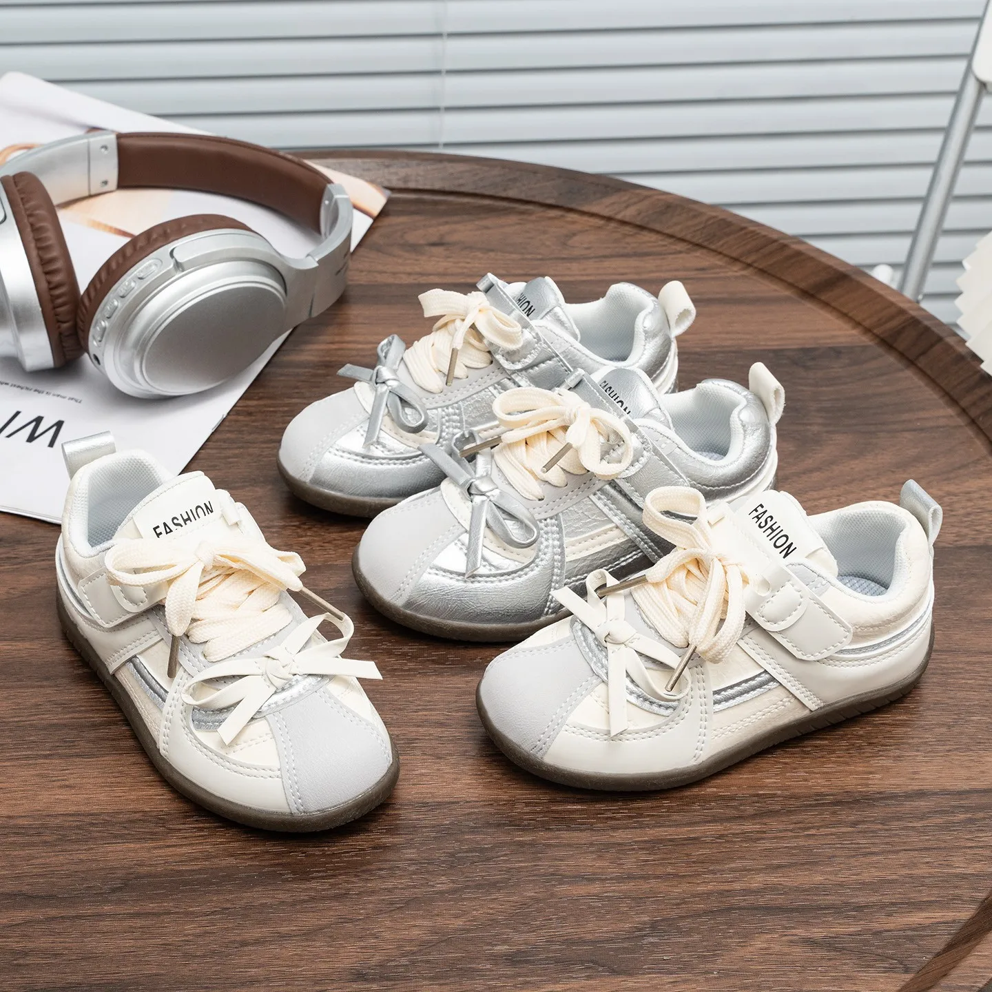 Kids'Casual Shoes Solid Color Bow PU Leather Autumn Fashion Shoes For Children Breathable Anti-slip Silver White Size 21-30