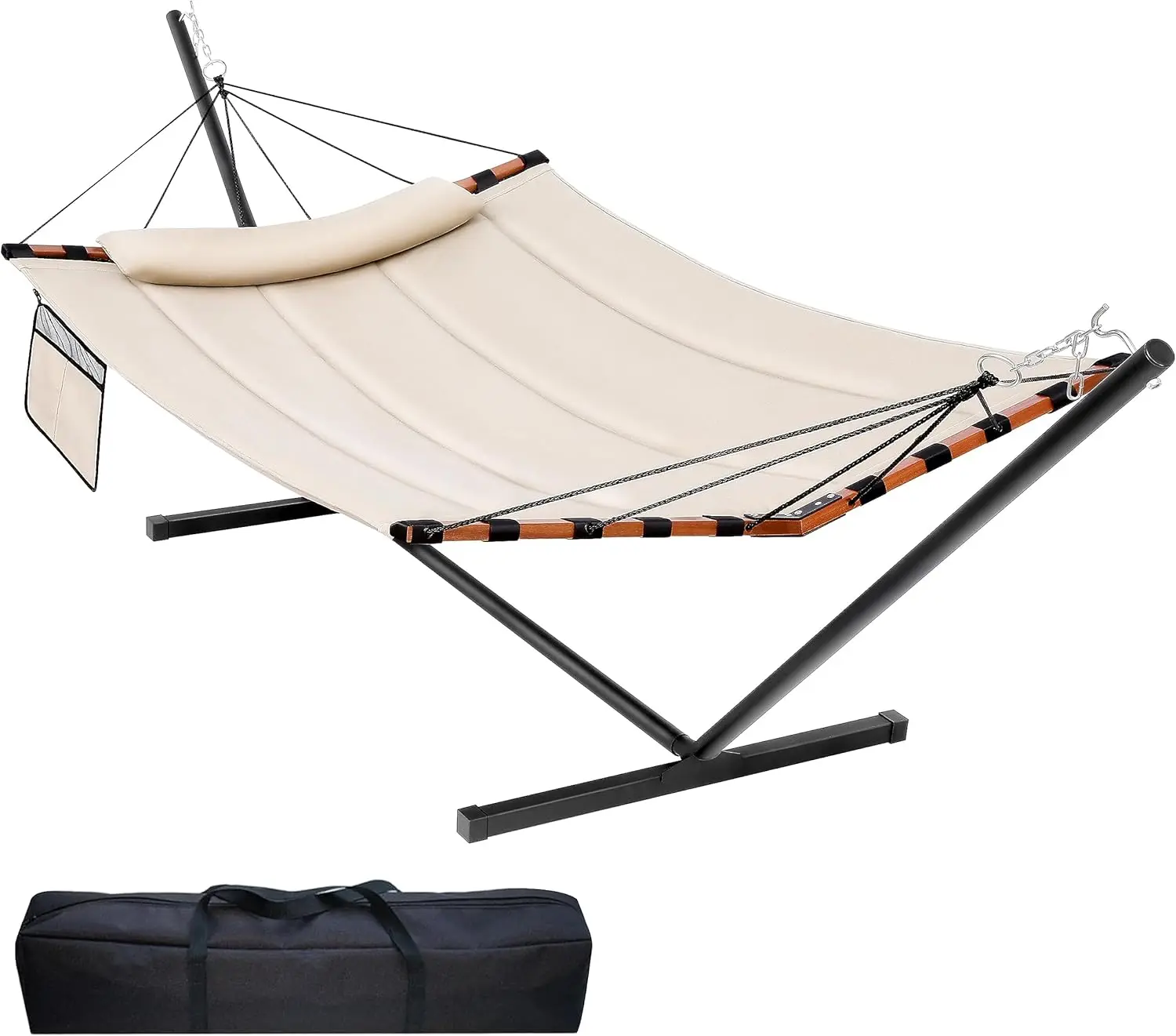 12FT 2 Person Hammock with Stand Included 55 X 79IN Large Hammock 450LB Capacity with Hardwood Spreader Bar