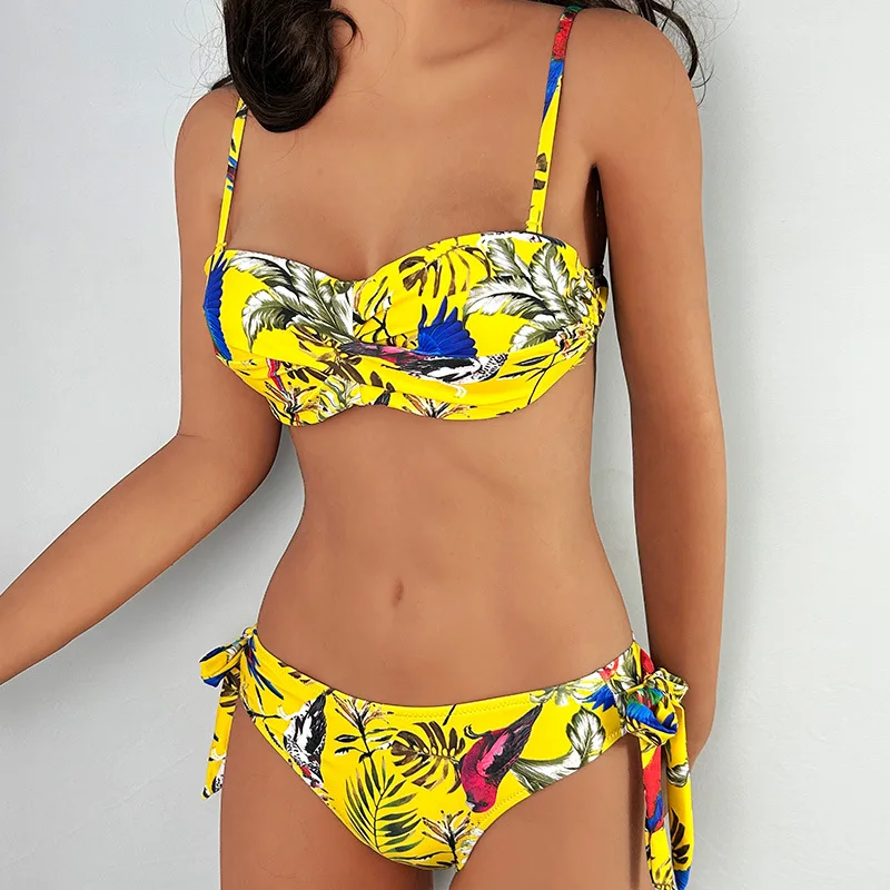 Bikini brasileño Bandeau con cordón Floral para mujer, traje de baño de corte alto con cuello Halter, Monokini, 2024