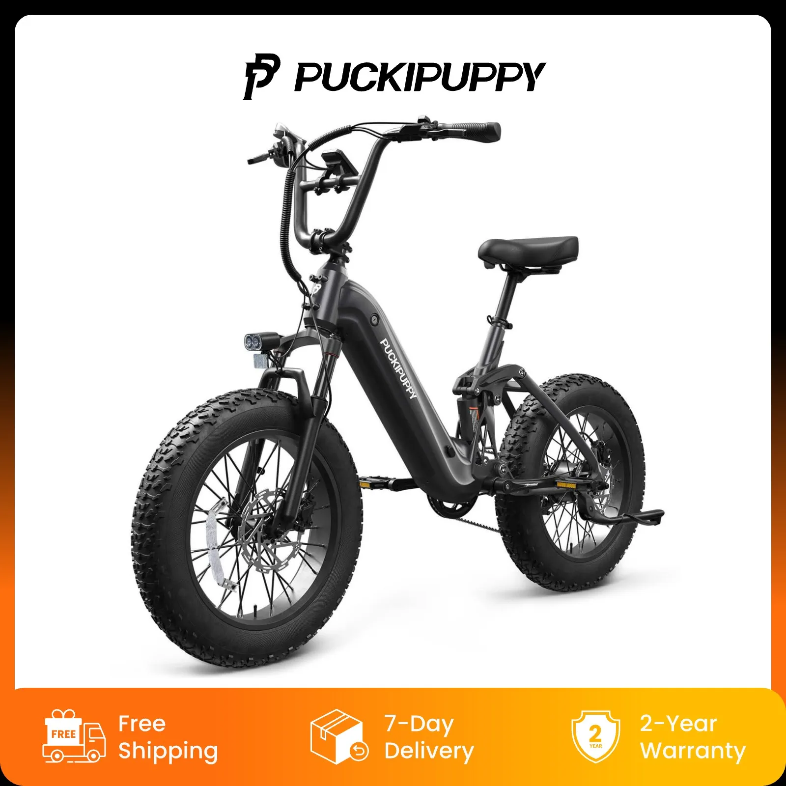 

PUCKIPUPPY Full Suspension Mountain Ebike 20'' Fat Tire 7 Speed for Adults Electric Bike 960W 48V 20Ah 28MPH 80Miles Range