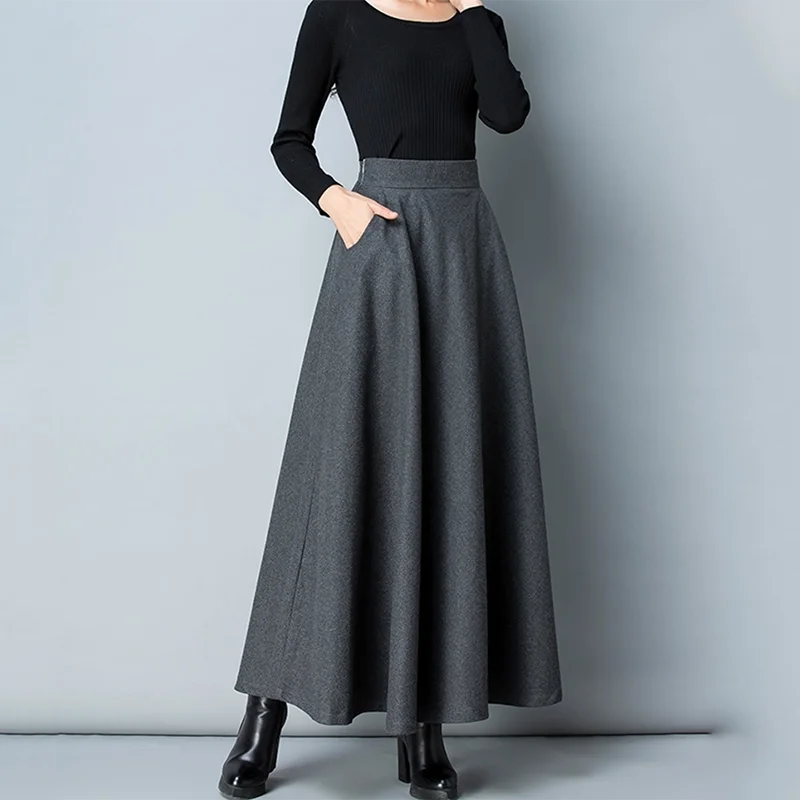 Vintage A-Line Woolen Skirt Women Autumn Winter Thick Warm High Waist Long Skirt Female Solid All-Match Streetwear Maxi Skirts