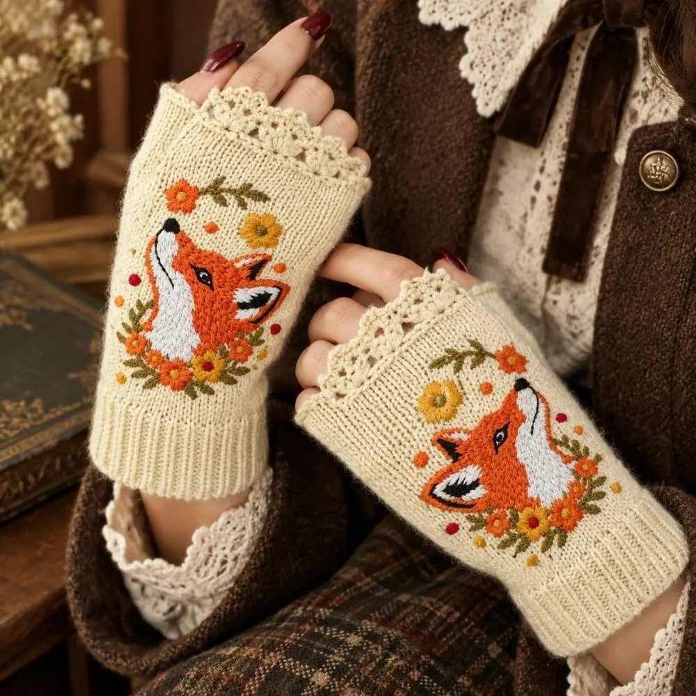 Vintage Embroidery Knitted Gloves Half Finger Thick Fingerless Gloves Windproof Embroidered Floral Winter Wool Gloves Outdoor