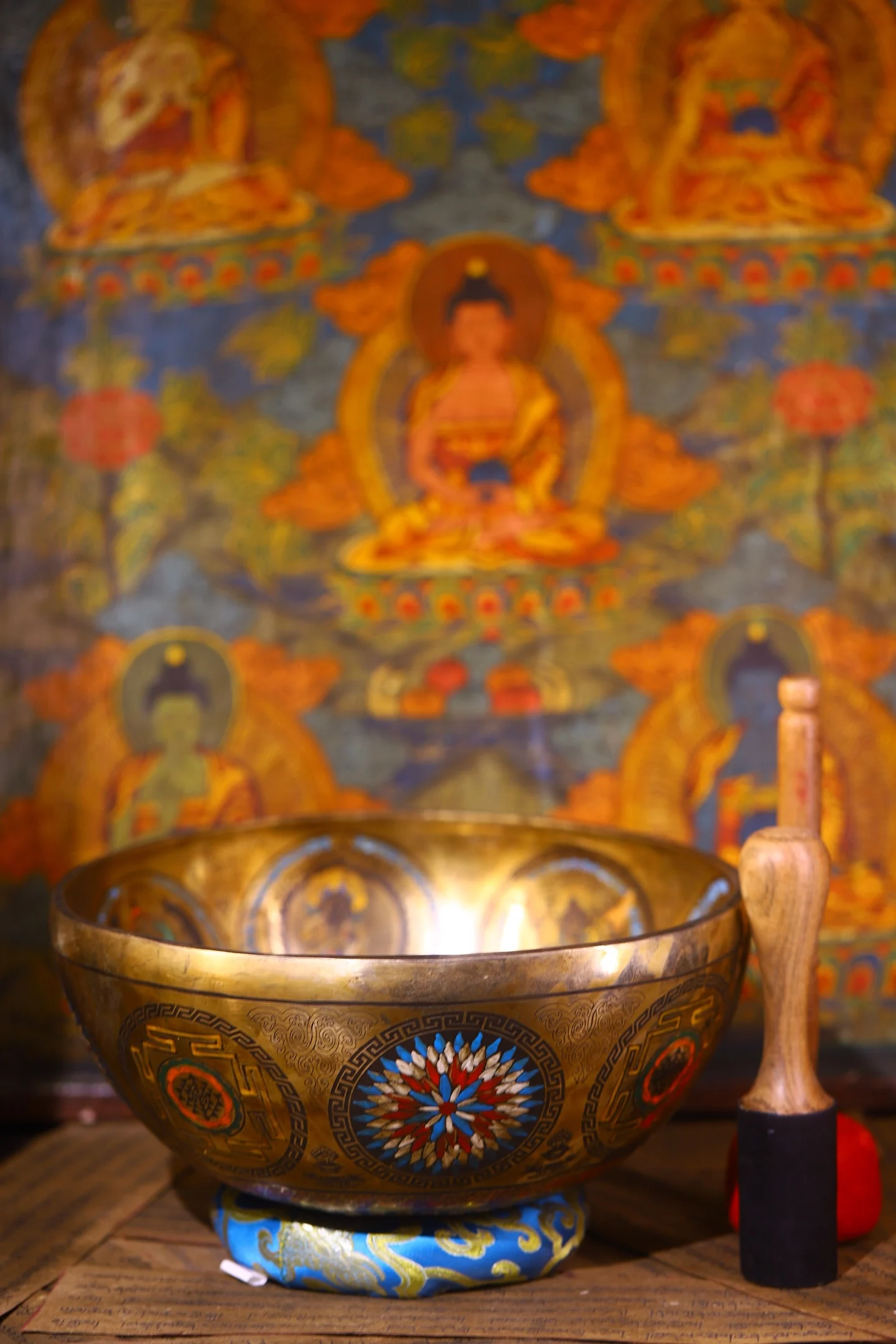 11"Tibetan Temple Collection Old Bronze Painted Sanskrit Yamantaka Buddha  Buddhist Music Bowl Scripture Bowl Worship Hall