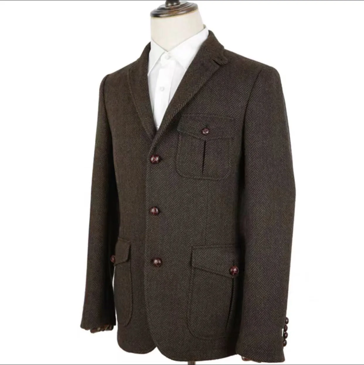 Men\'s Hunting Hunter Figure Tweed Slim Men Retro Casual Suit 2022 Flat Lapel Collar Single Breasted Suit Groom\'s Wedding Jacket