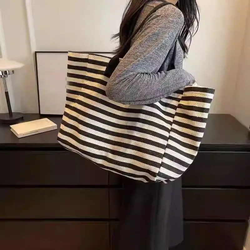 Large Capacity Canvas Tote Bag for Women, New Striped Shoulder Bag for Commute & Travel, Daily Handbag for Mommy view 3