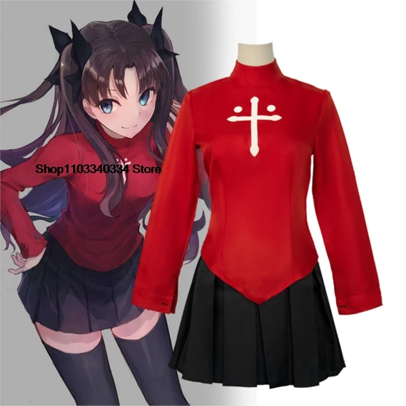 Anime Fate Stay Night Tohsaka Rin Cosplay Costume Wig For Girls Children Red Shirt Skirt Stocking Hairpins Set