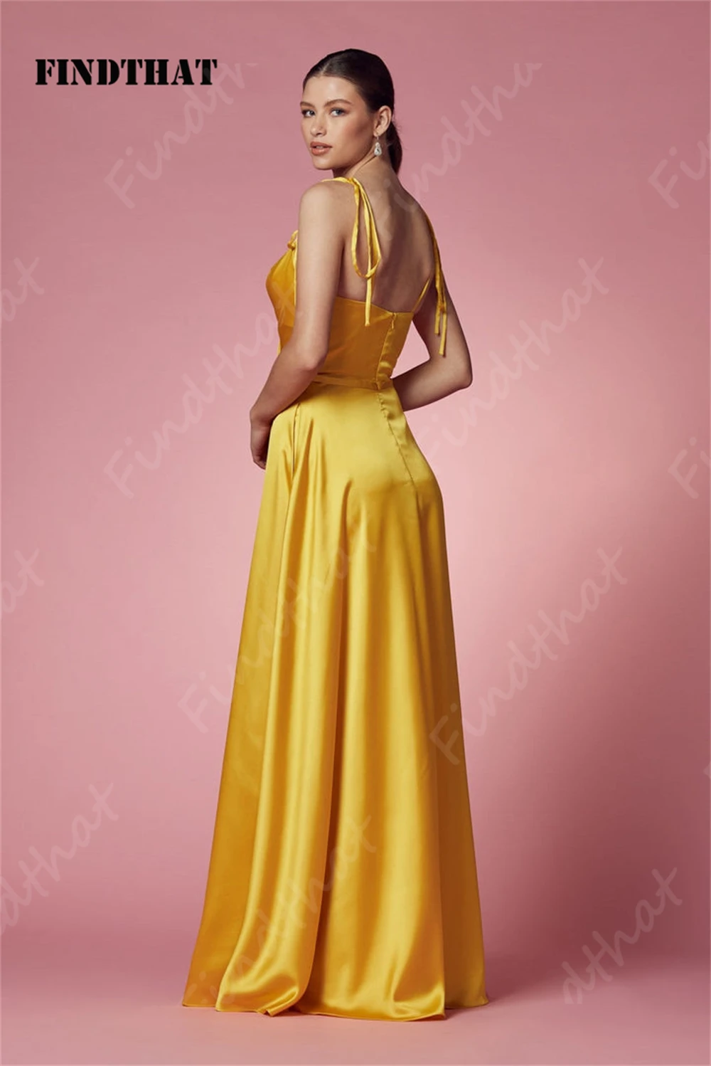 Findthat Yellow Bridesmaid Dresses V-Neck Spaghetti-Strap Satin Evening Party Dress 2024  A-Line Prom Gown Side Slit Custom Made