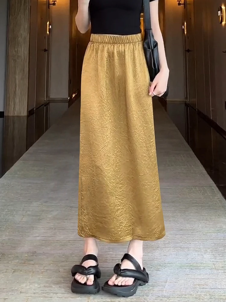 

Elegant Satin Drapey Asymmetrical Long Skirt Women's Summer High Waist A-Line Midi Skirt Comfortable Breathable Casual Skirt