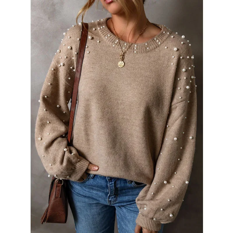 Autumn Winter Knitted O-Neck Pullovers for Women Long Sleeves Loose Sweater Plastic Beading Pearls Loose Simple Jumpers