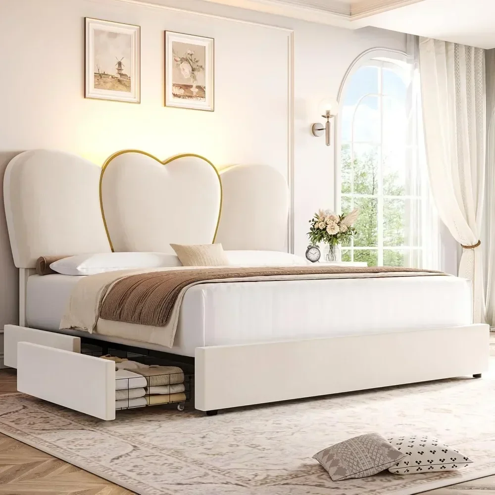 

King LED Bed Frame with 4 Storage Drawers, Modern Velvet Upholstered Platform Bed with 55" Tall Heart Shaped Headboard