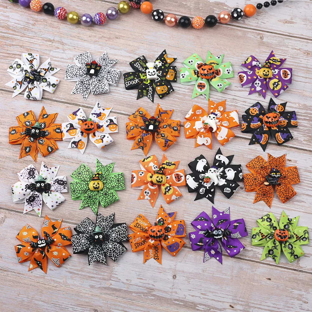 60 PCS/Lot, Baby Ribbon Bow Hair Clips For Halloween Holiday Pumpkin Devil Hair Bow Clips Girls Hair Accessories