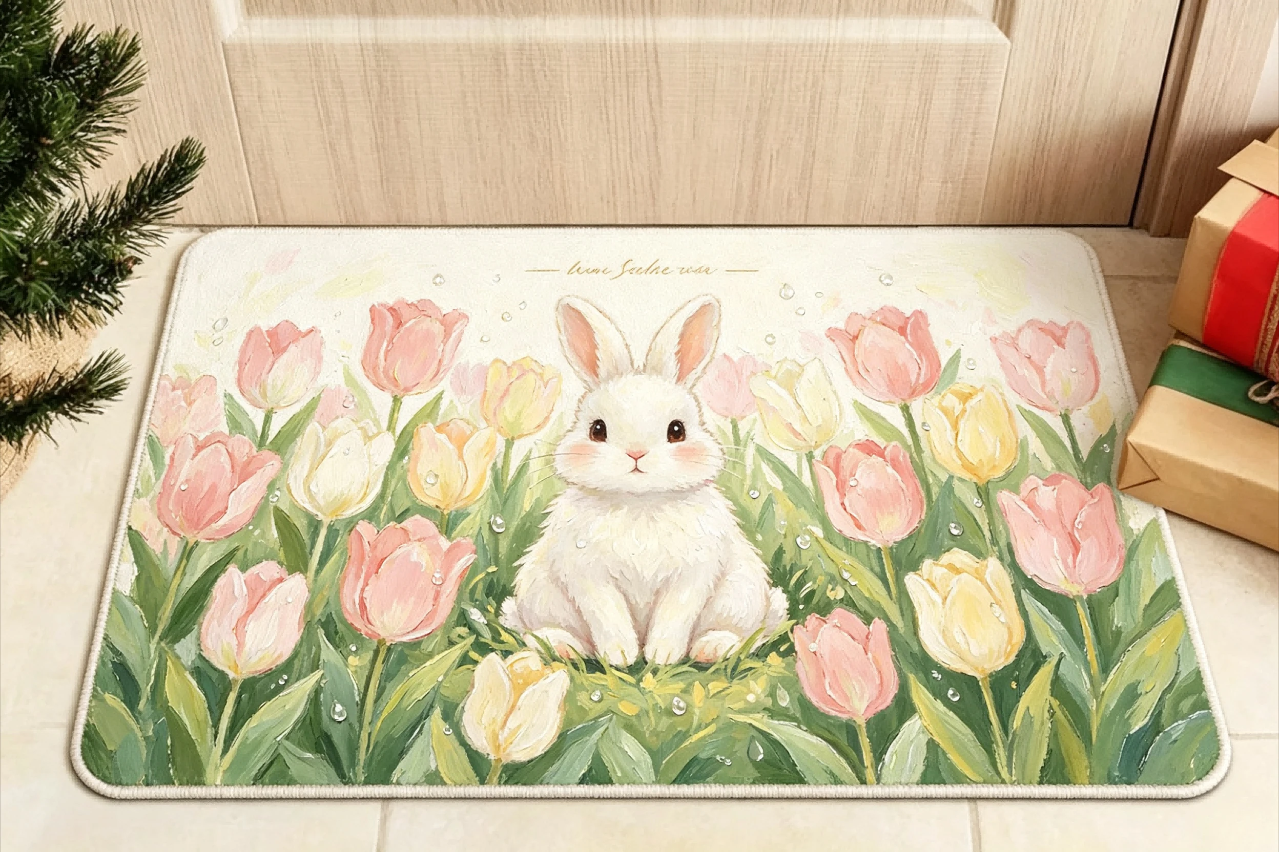 Cute Bunny Area Rug Pastel Tulip Flowers Dew Drops Oil Painting Art Print Sweet Spring Garden Graphic Rug for Living Room Space