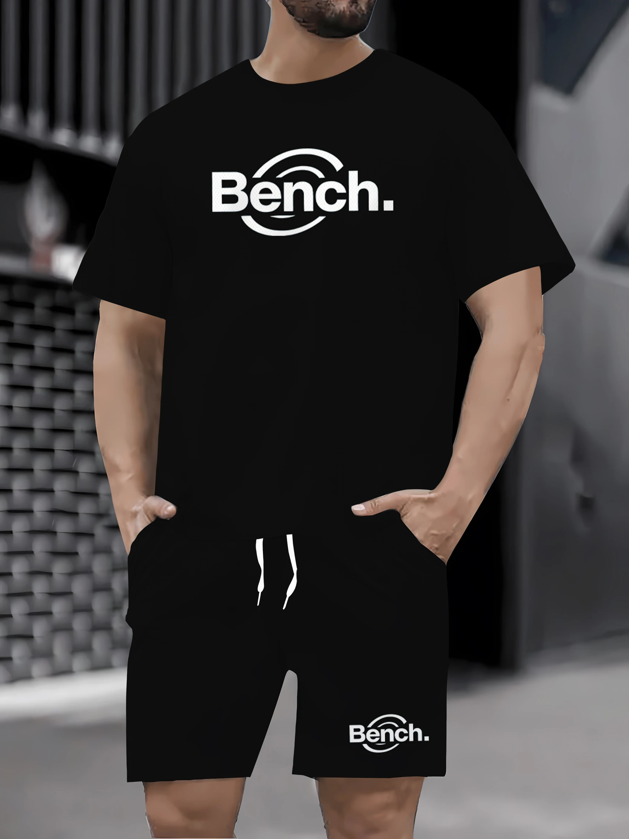 

Conjunto de duas peças para homens, com camisetas e shorts estampados respiráveis e leves de manga curta, adequados para re