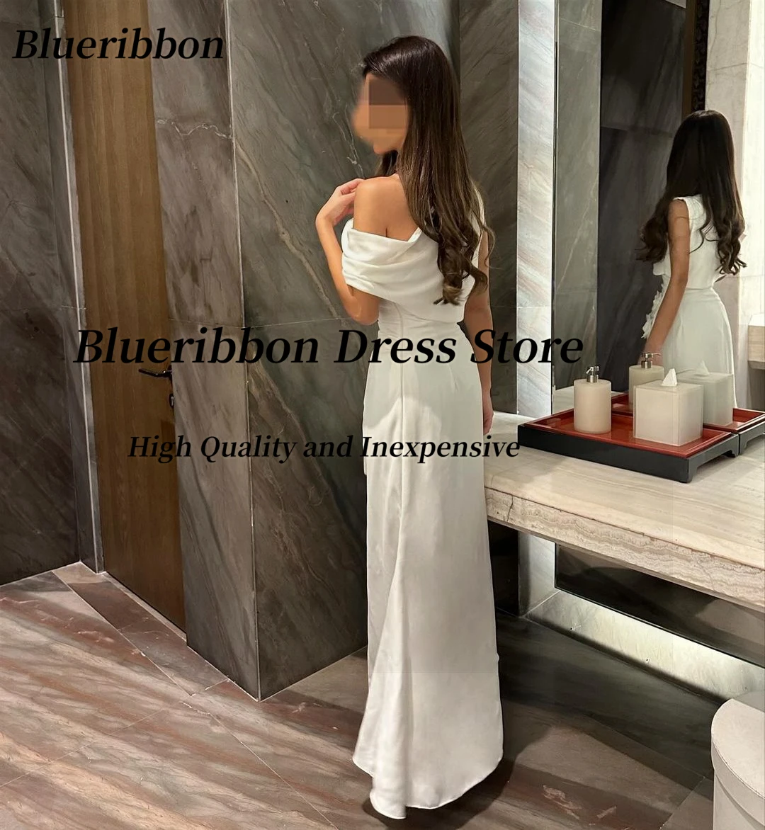 Blueribbon Off Shoulder Prom Dresses with Flowers Evening Gowns Ankle Length Special Occasion Robe Des Marrige