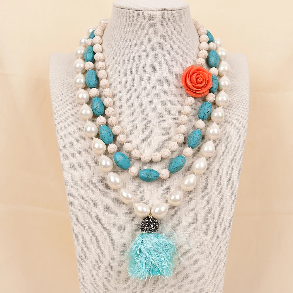 

APDGG NO68 Handmade 3 Rows Natural Mix Stone Turquoise Shell Gems Multi Strands Necklace