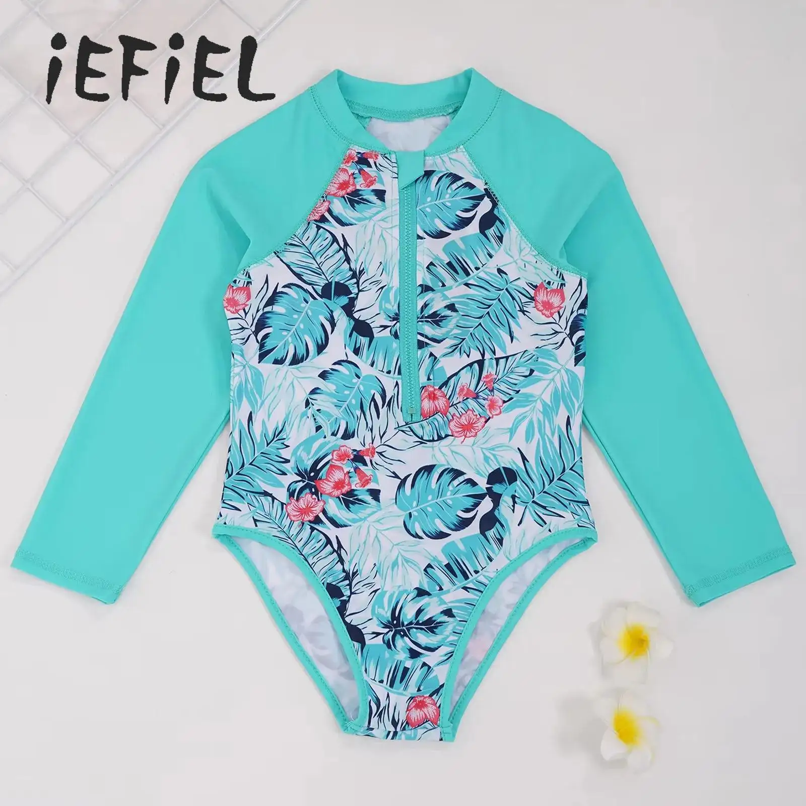 

Girls One Piece Swimming Costume Printed Swimsuit Long Sleeve Swimwear UV Protection Bathing Suit Rash Guard Surfing Beachwear