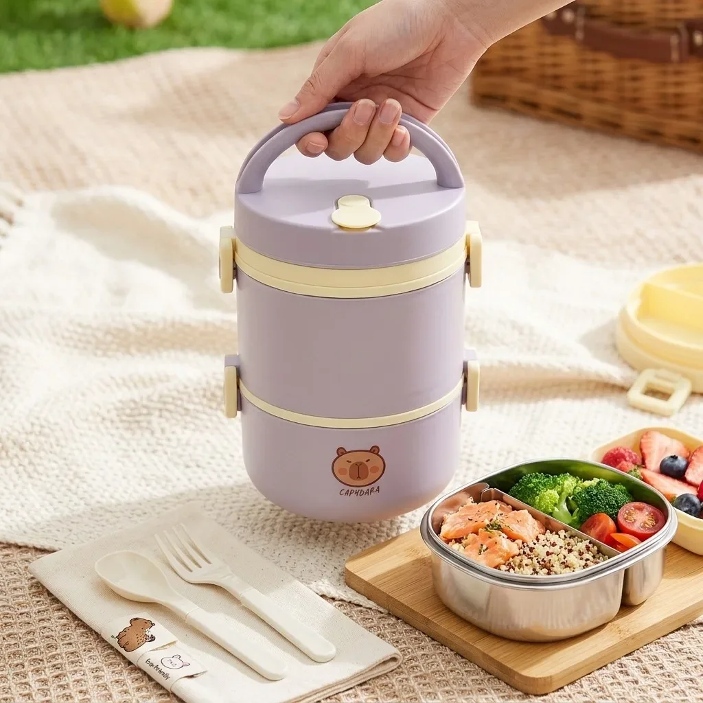 Kawaii 304 Stainless Steel Lunch Box Leakproof Thermal Bento Box Microwavable Food Container with Handle for Kids School Adults