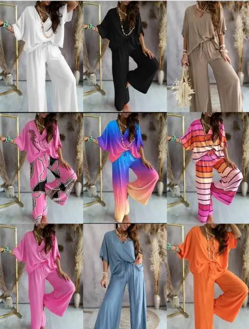 

Loose Casual V-Ne Batwing ort Sve Wide Leg Pants Two-Piece Set Faionable Comfortable Women's Ensemble Autumn 2024