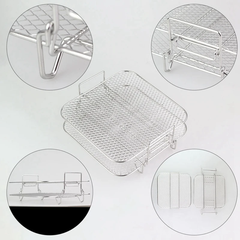 Stainless Steel Air Fryer Pot Double Layer Rack Roasting Rack Versatile Square Roasting Grill Air Fryers Holder 5QT/5.7QT/6.8QT