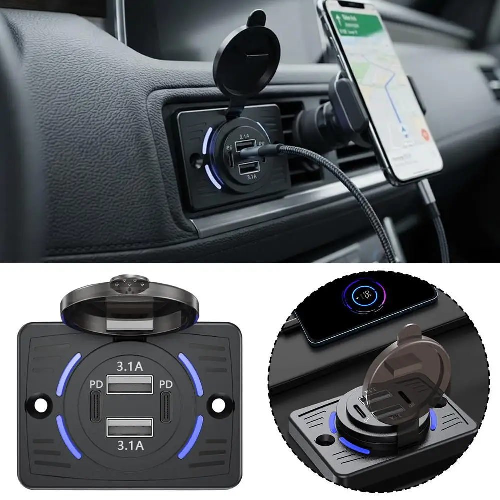12V 24V Dual USB Car Charger Socket QC3.0 PD Fast Charging Power Outlet with Slide Lid Protective Cover for Car Marine Boat