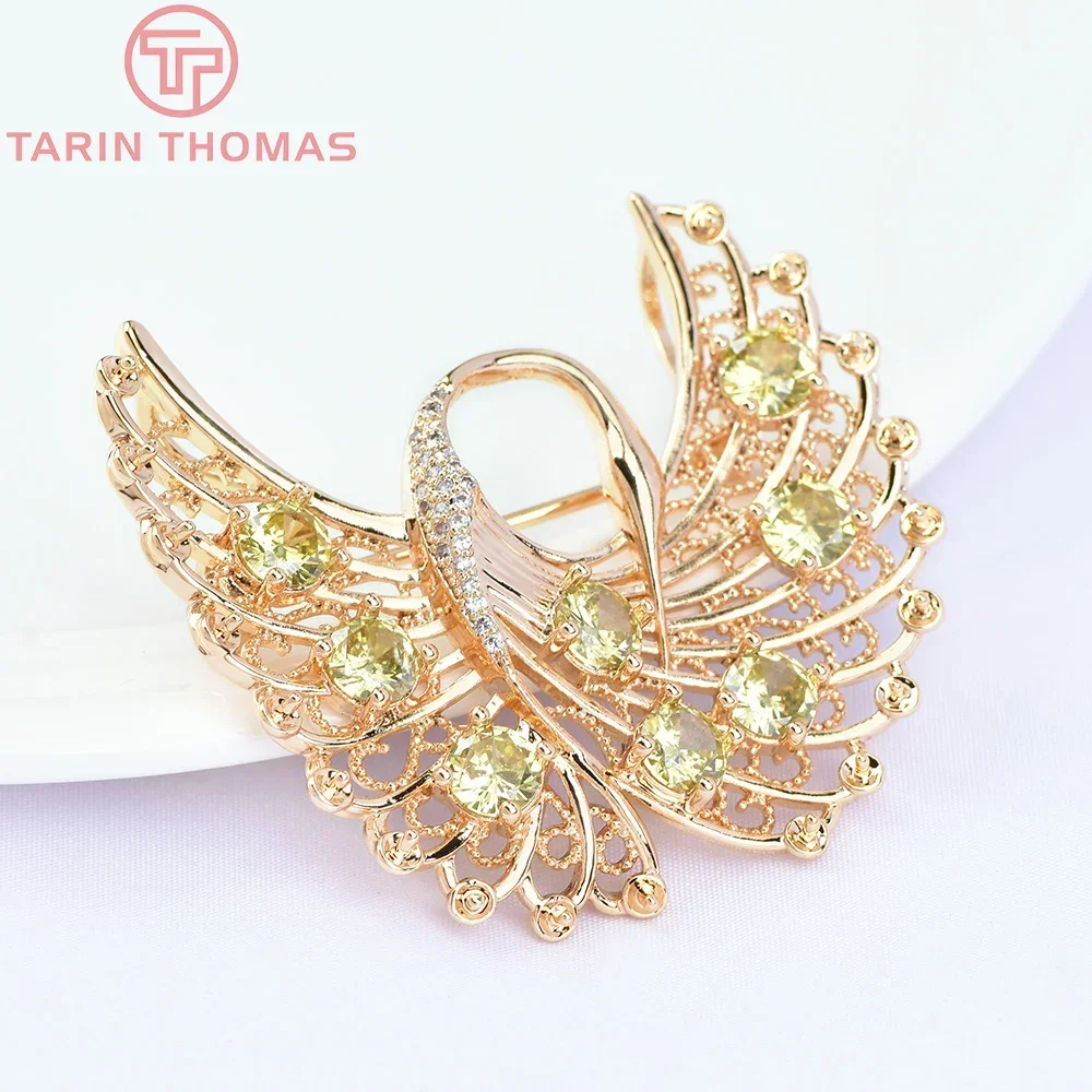 (5900)1 Piece 47x44MM 24K Gold Color Plated Brass with Zircon Swan Shape Brooch Quality DIY Jewelry Making Findings Accessories