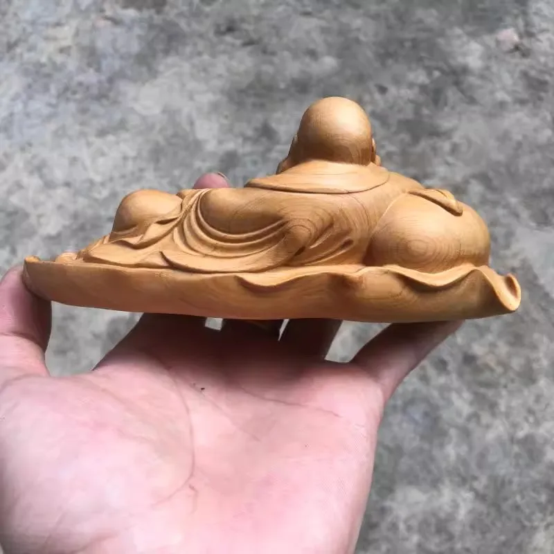 Hand-Carved Oriental Cypress Wood Sculpture - Lucky Maitreya Buddha Figurine, Artistic Home & Car Decoration,  Art Craft