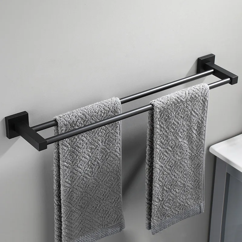 Space Aluminum Black Towel Rack Double Rod Square Bathroom Hotel Double Bath Towel Rack Towel Rod Single Pole Hanging Rod