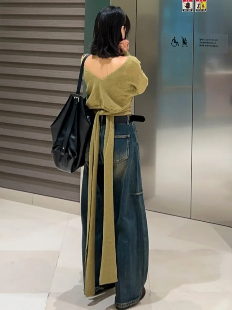 Suéter de punto Chic ort ahuecado con diseño de correa Ba adelgazante para mujer Faion v-ne largo Sve primavera otoño prendas de punto