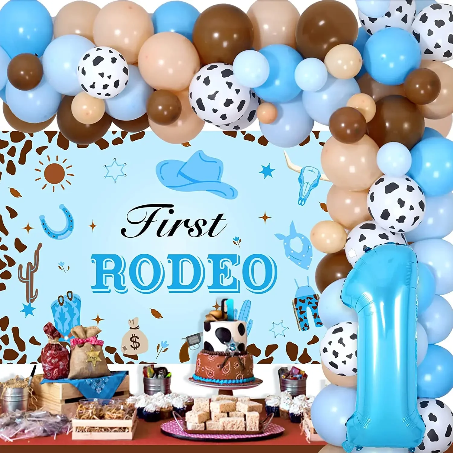 First Rodeo Birthday Party Decor for Boys, Blue Western Cowboy, 1st Birthday Balloon, Arch Kit with Backdrop, Number 1 Balloon