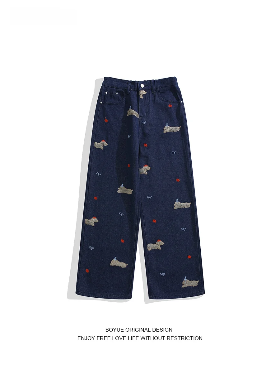 

Boyue American Retro Dog Patch Embroidered Jeans Men Women Casual Trendy Dra Floor-Length Pants Youth ular Straight Leg