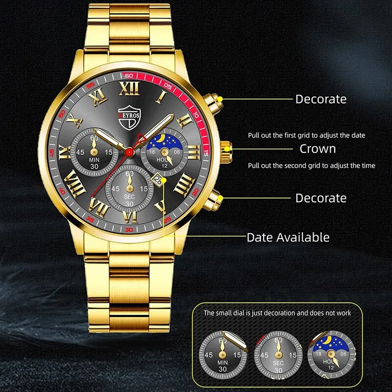 2PCS Fashion Mens Calendar Watches Luxury Male Stainless Steel Quartz Wristwatch Luminous Clock Men Bracelet Wrist Watch