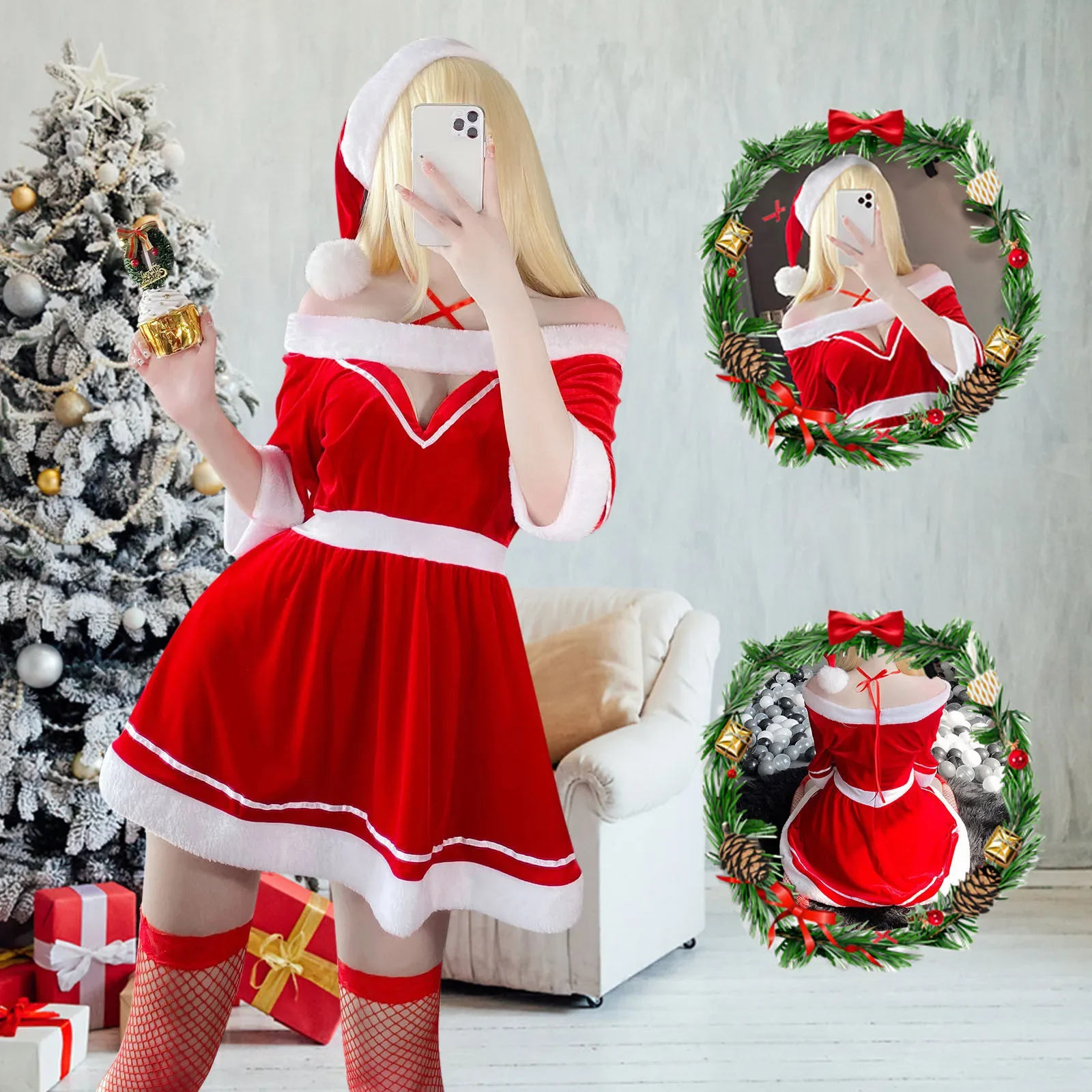

New Year Women's Secret Clothes Christmas Red Top Sexy Patchwork Bodysuit Cosplay Lingerie Winter Strap Pajamas Nightwear