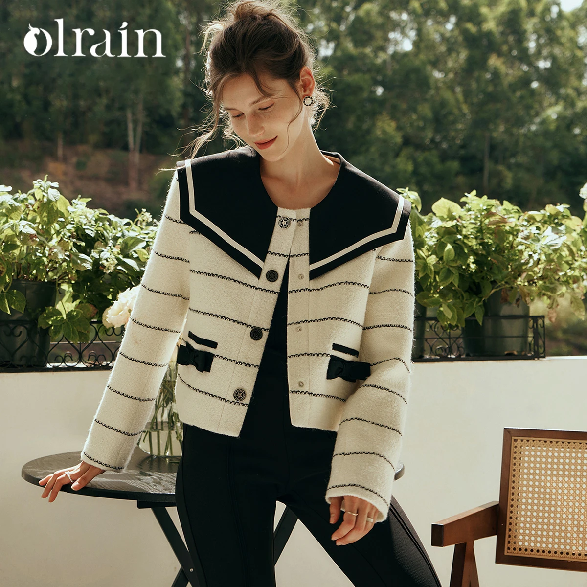 Chaqueta Corta de Tweed a Rayas Elegante para Mujer OLrain, Primavera-Otoño 2026, Cuello Marinero, Manga Larga, Estilo Juvenil, O23QW69235