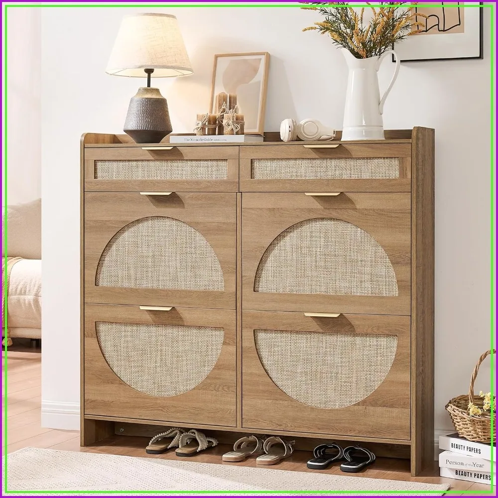 Rattan Shoe Cabinet with 4 Flip Drawers & 2 Drawers, Freestanding Entryway Organizer, Oak