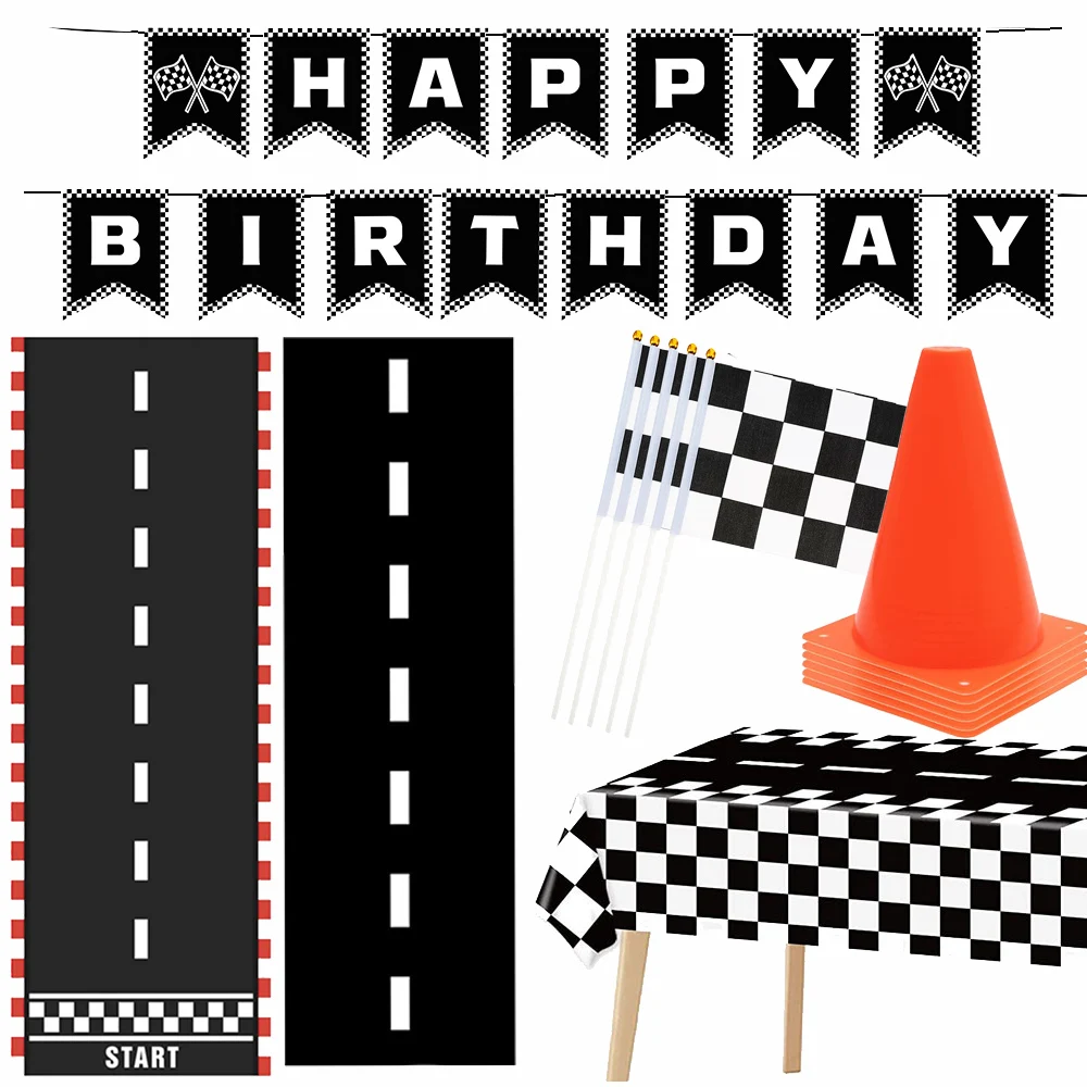 Race Car Party Decoration 2M Table Runner Traffic Cones and Racing Checkered Flags Checkered Race Car Party Tablecloths