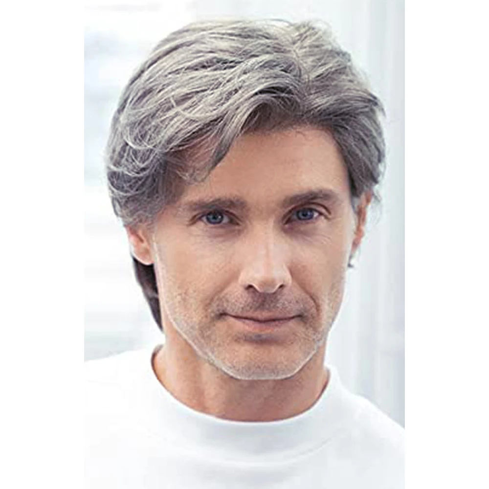 

Men's Short Curly Wigs Synthetic Mixed Silver Grey Wig With Slanted Bangs For Daily Use At Halloween Party Holiday