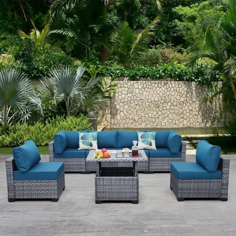 

7 Pieces PE Wicker Patio Furniture Set Outdoor Sectional Conversation Sofa Set with Liftable Storage Table, Non-Slip Cushions