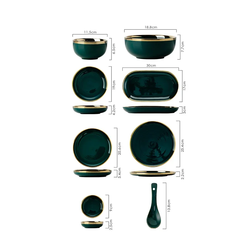 Creative Dark Green Cutlery Bowls Set Gold-plated Ceramic Plates Cooking Dishes Rice Bowls Porcelain Plate Kitchen Utensils New