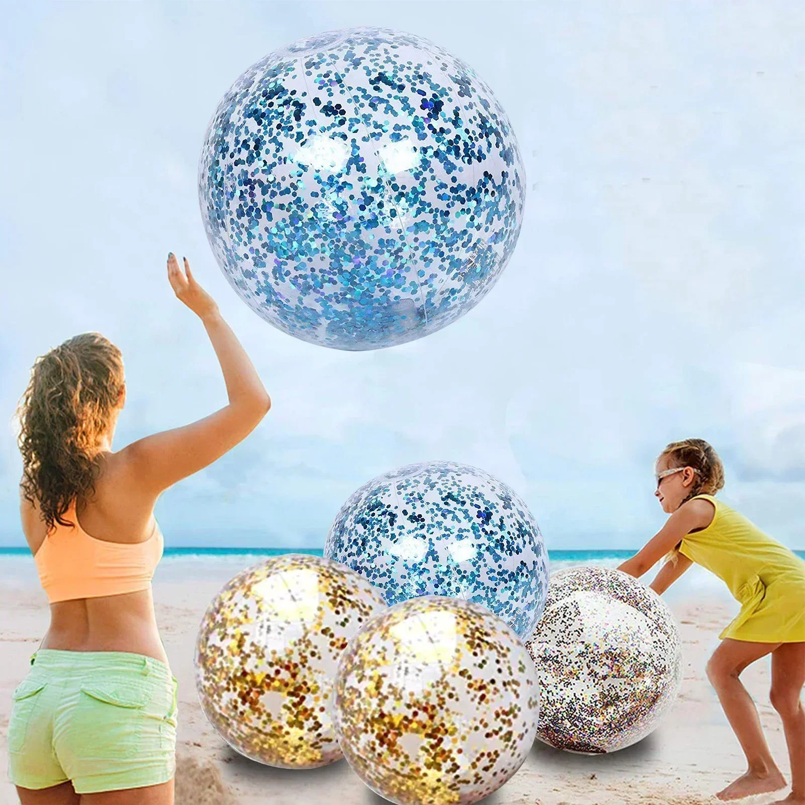 16inch Inflatable Glitter Beach Ball Summer Water Play Sequin Balls Outdoor Swimming Pools Party Toys Kids Adults Water Sports