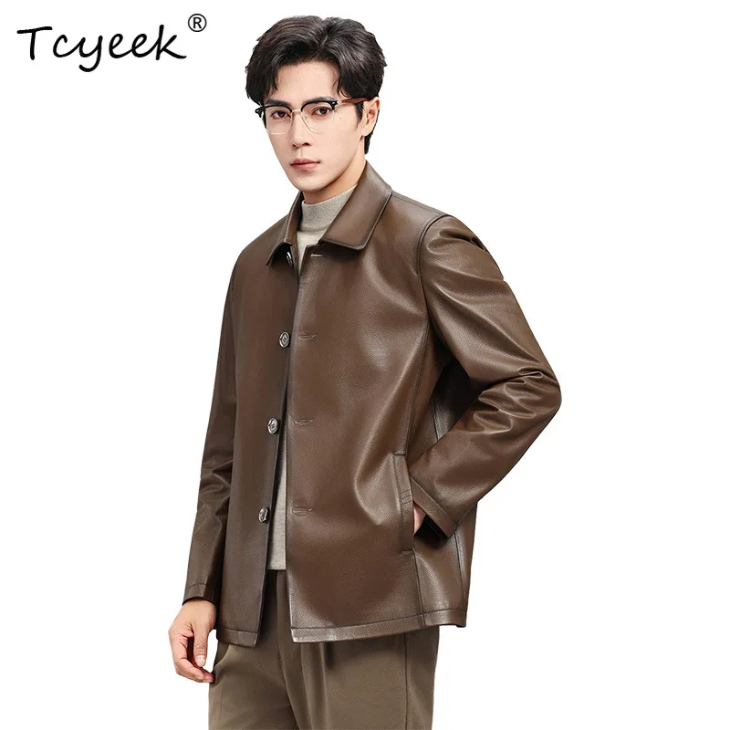 Tcyeek Real Leather Jacket Top Layer Cowhide Mens Jacket Middle-aged Mid-length Business Leather Jacket 2026 Winter Coats 가죽점퍼