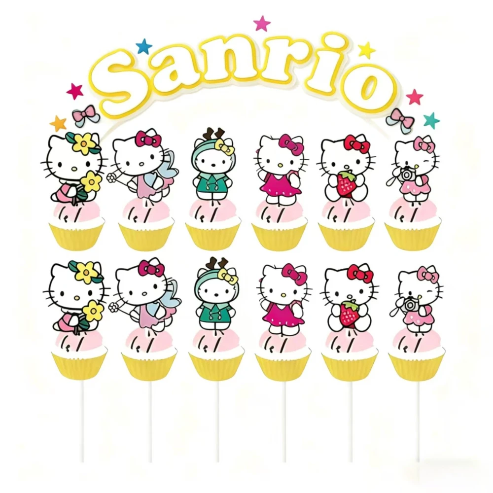 

25 шт., топперы для торта «Hello Kitty», Kawaii Sanrio, украшения для тематической вечеринки с персонажами для детей, подарки на Рождество, день рождения