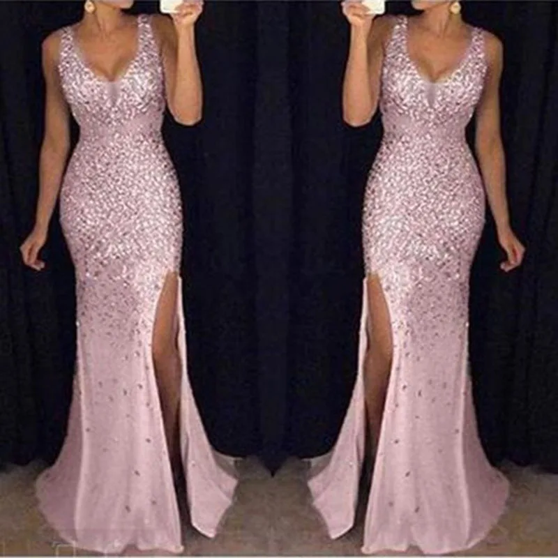 Women\'s Sexy Suspender Deep V Split Evening Dress Gold Silver Sequin Wedding Long Dress  Spring/Summer Slim Fit Y2K Dress