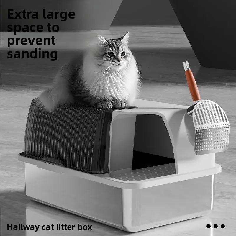 

Corridor Style Stainless Steel Cat Litter Box Fully Enclosed Cat Toilet Splash Proof Deodorizing Pet Bedpans Easy-Clean Pet Tray