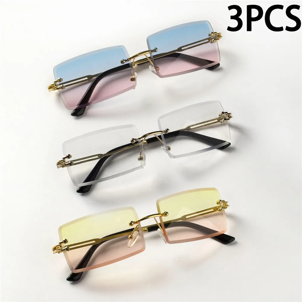 3PCS Fashion Rimless Sunglasses Women Trendy Small Rectangle Sun Glasses  Summer Traveling Style Brown Shades for men