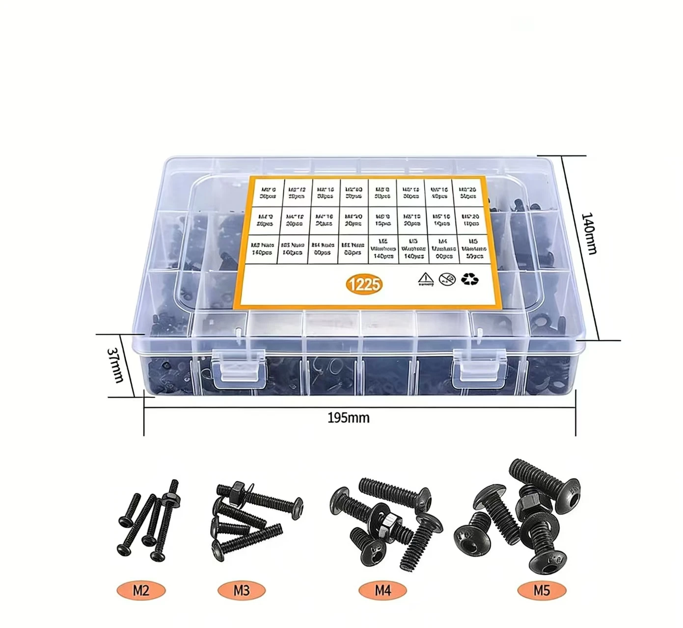 1225pcs Black Button Head Hexagon Socket Screw Assortment Kit with Nuts and Flat Washers (M2/M3/M4/M5)