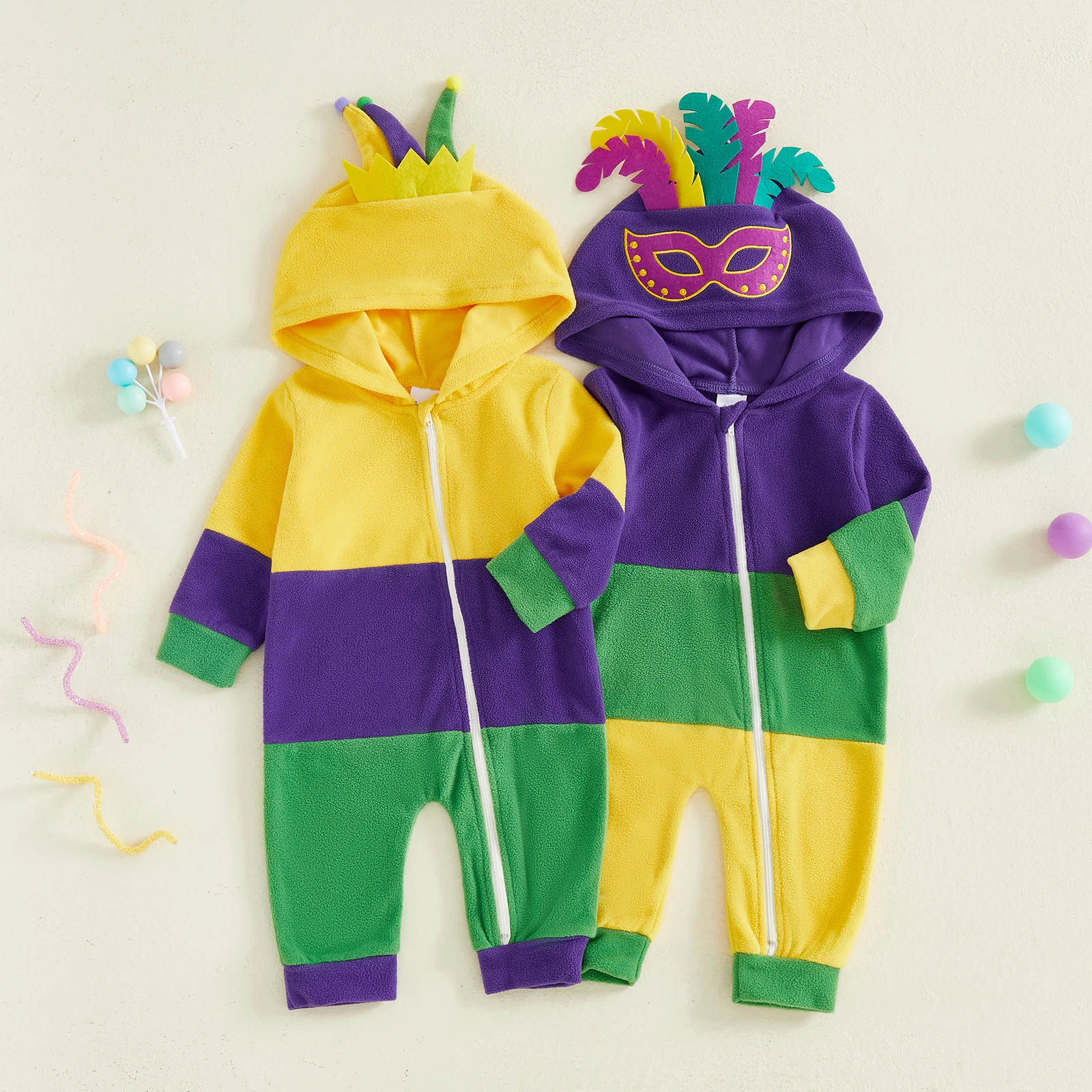 Baby Carnival Jumpsuit Costume Long Sleeve Hooded Contrast Color Zipped Fall Romper Clothes for Boys Girls